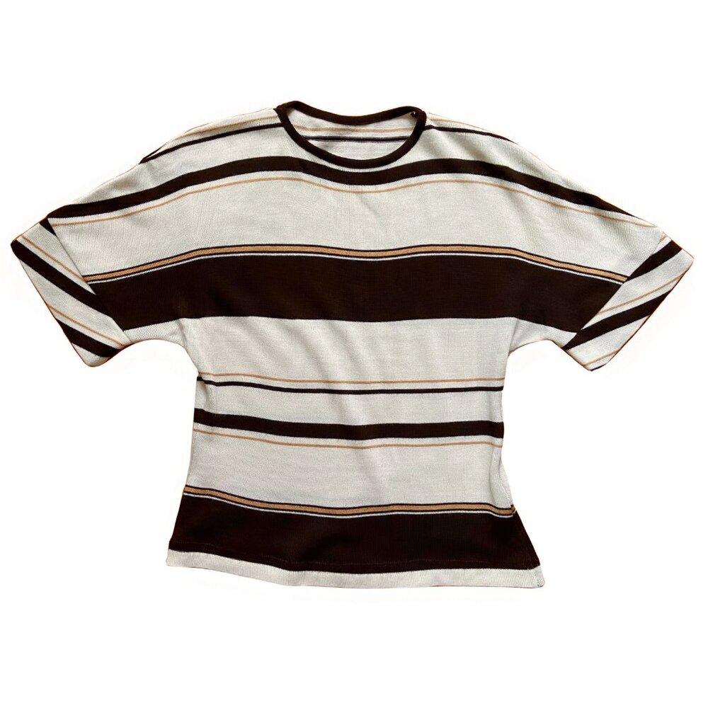 VINTAGE KNIT SHORT SLEEVED SWEATER BROWN CREAM STRIPED XS